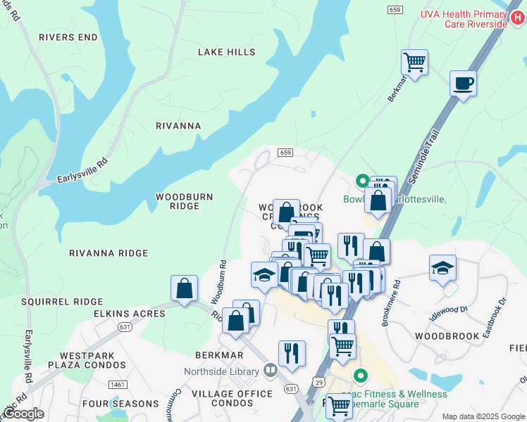 map of restaurants, bars, coffee shops, grocery stores, and more near 675 Woodbrook Drive in Charlottesville