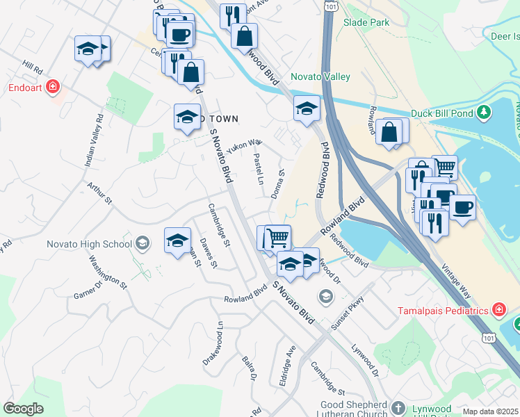 map of restaurants, bars, coffee shops, grocery stores, and more near 282 Adele Street in Novato