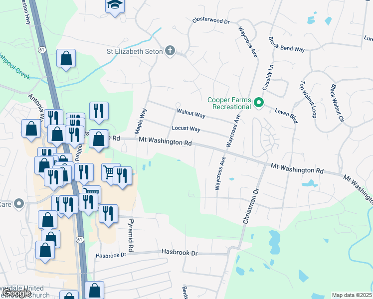 map of restaurants, bars, coffee shops, grocery stores, and more near 5608 Mount Washington Road in Louisville
