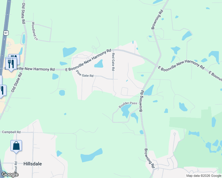 map of restaurants, bars, coffee shops, grocery stores, and more near 12434 Red Gate Road in Evansville