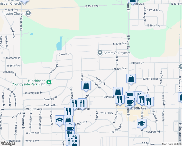 map of restaurants, bars, coffee shops, grocery stores, and more near 200 North Park Drive in Hutchinson