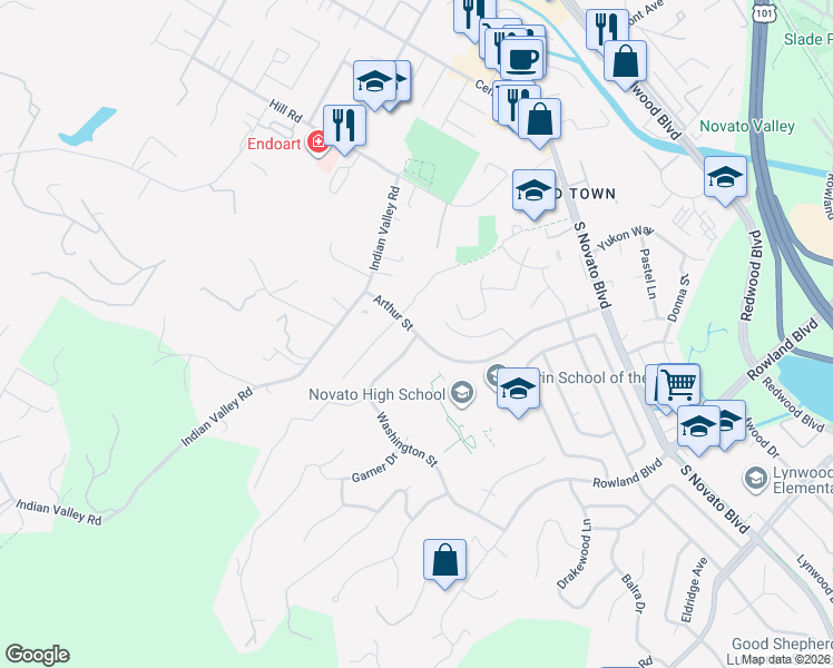 map of restaurants, bars, coffee shops, grocery stores, and more near Arthur St & Washington St in Novato