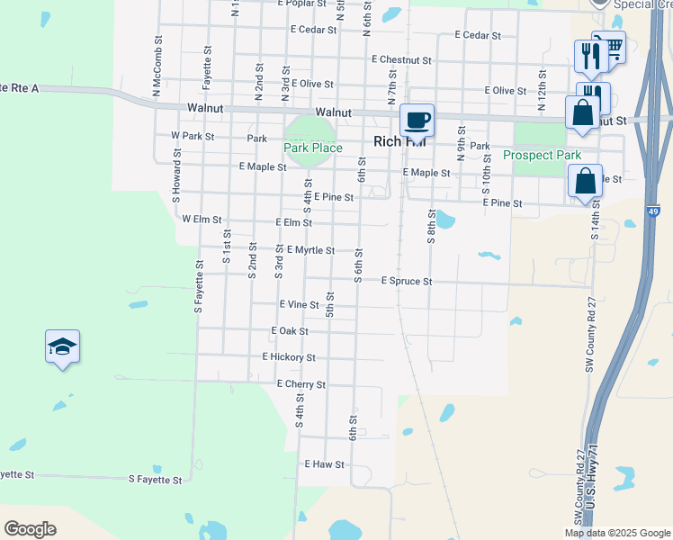 map of restaurants, bars, coffee shops, grocery stores, and more near 618 South 6th Street in Rich Hill