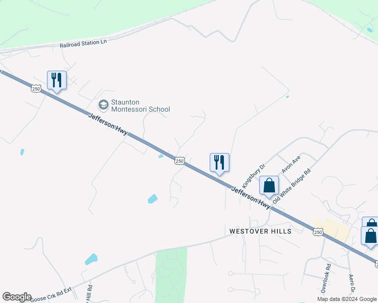 map of restaurants, bars, coffee shops, grocery stores, and more near 2240 Jefferson Highway in Fishersville