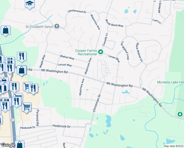 map of restaurants, bars, coffee shops, grocery stores, and more near 10710 Enclave Court in Louisville