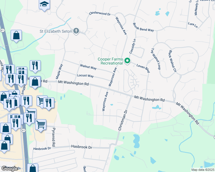 map of restaurants, bars, coffee shops, grocery stores, and more near 5717 Mount Washington Road in Louisville