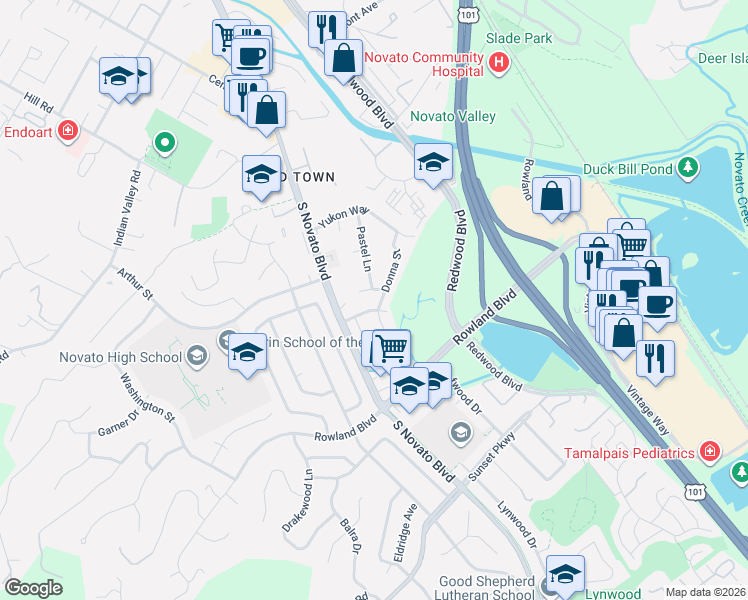 map of restaurants, bars, coffee shops, grocery stores, and more near 1396 Donna Street in Novato