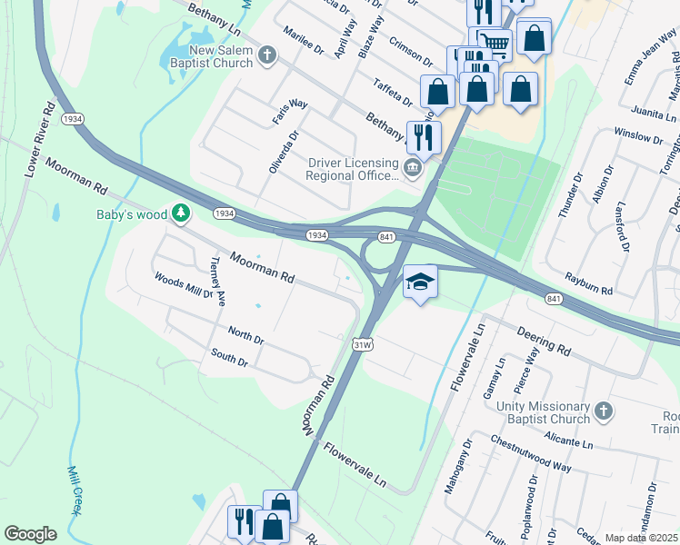 map of restaurants, bars, coffee shops, grocery stores, and more near 6303 Moorman Road in Louisville