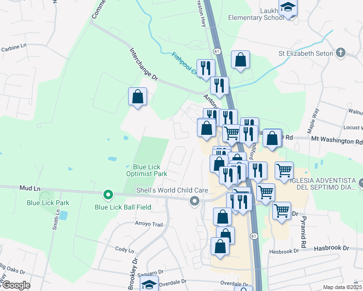 map of restaurants, bars, coffee shops, grocery stores, and more near 11056 Brookley Drive in Louisville