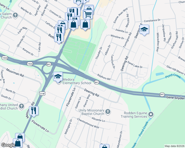 map of restaurants, bars, coffee shops, grocery stores, and more near 5408 Rayburn Road in Louisville