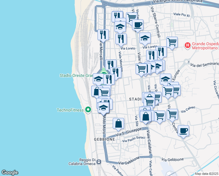map of restaurants, bars, coffee shops, grocery stores, and more near 6 Via Ecce Homo in Reggio Calabria