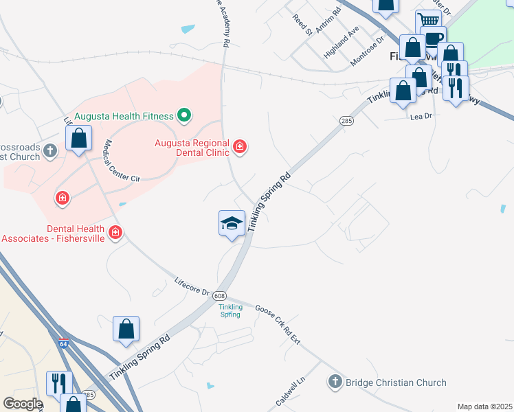 map of restaurants, bars, coffee shops, grocery stores, and more near 359 Tinkling Spring Road in Fishersville