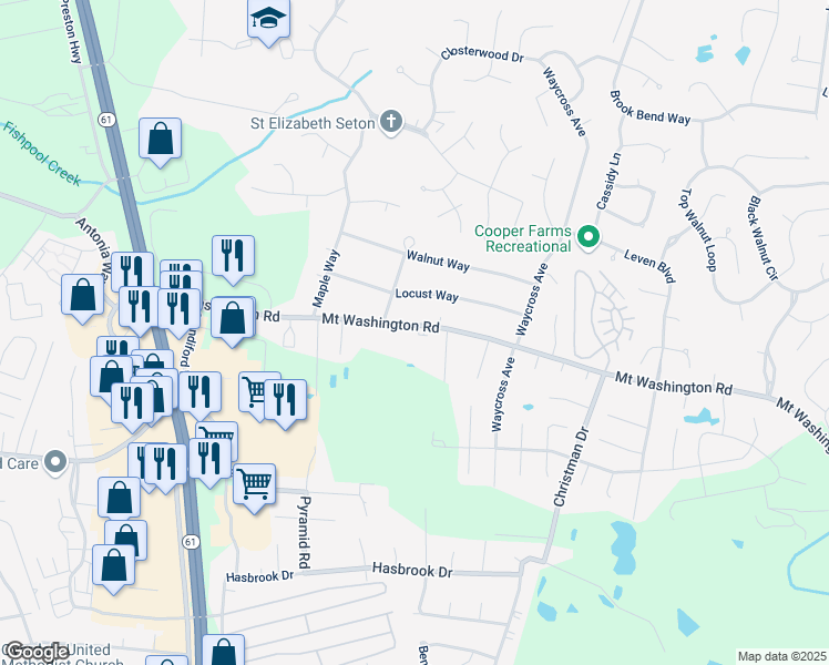 map of restaurants, bars, coffee shops, grocery stores, and more near 5608 Mount Washington Road in Louisville