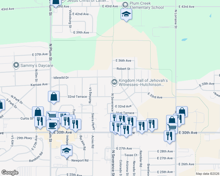 map of restaurants, bars, coffee shops, grocery stores, and more near 3310 Carnegie Place in Hutchinson