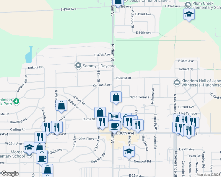 map of restaurants, bars, coffee shops, grocery stores, and more near 3303 North Plum Street in Hutchinson