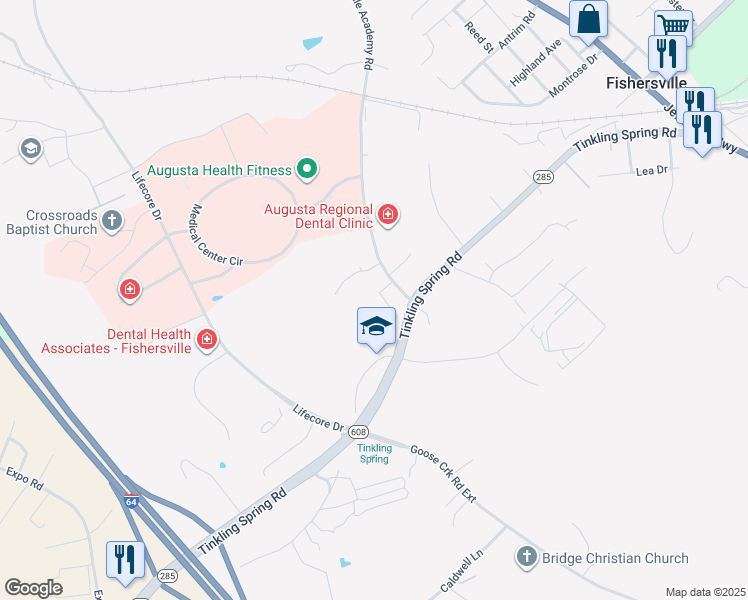 map of restaurants, bars, coffee shops, grocery stores, and more near 71 Midway Lane in Fishersville