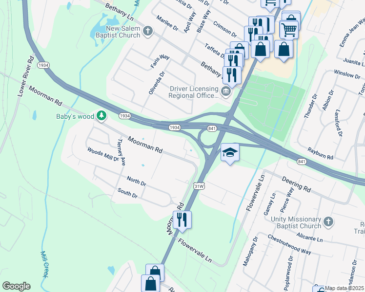map of restaurants, bars, coffee shops, grocery stores, and more near 6303 Moorman Road in Louisville