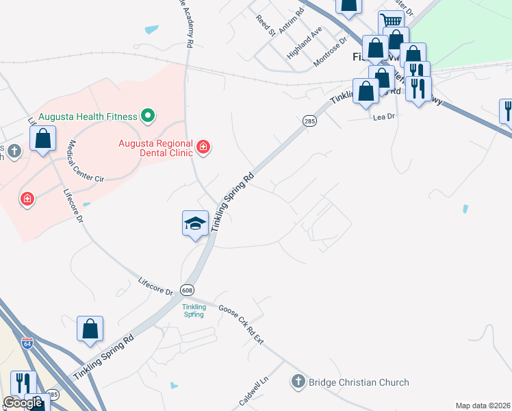 map of restaurants, bars, coffee shops, grocery stores, and more near 73 Wilson Boulevard in Fishersville