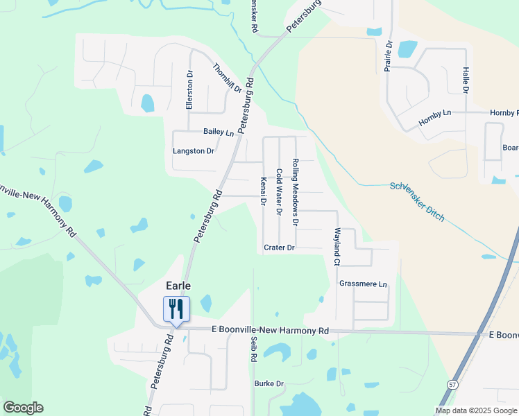 map of restaurants, bars, coffee shops, grocery stores, and more near 12530 Kenai Drive in Evansville