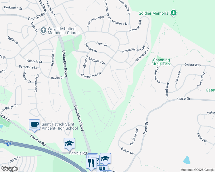 map of restaurants, bars, coffee shops, grocery stores, and more near 8850 Blue River Drive in Vallejo