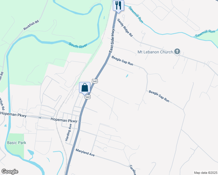 map of restaurants, bars, coffee shops, grocery stores, and more near 40 Linwood Lane in Waynesboro