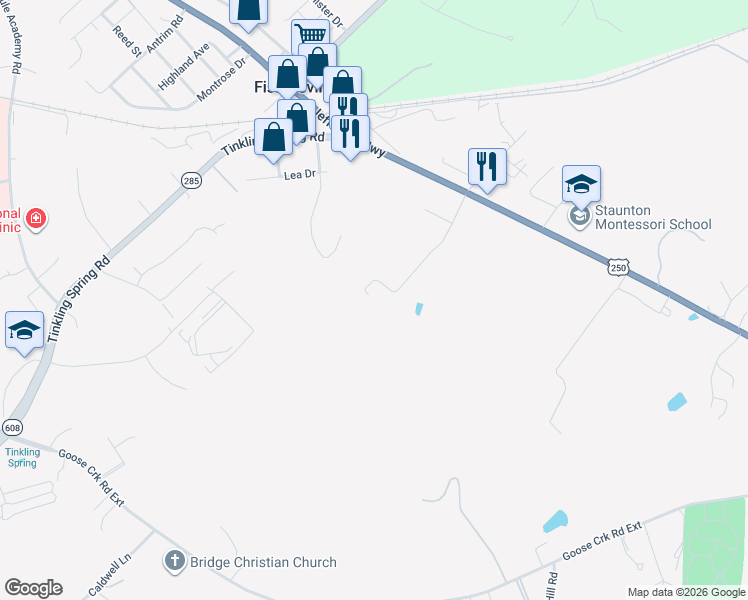 map of restaurants, bars, coffee shops, grocery stores, and more near 71 1st Street in Fishersville