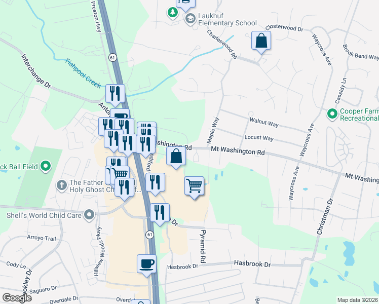 map of restaurants, bars, coffee shops, grocery stores, and more near 5308 Mount Washington Road in Louisville