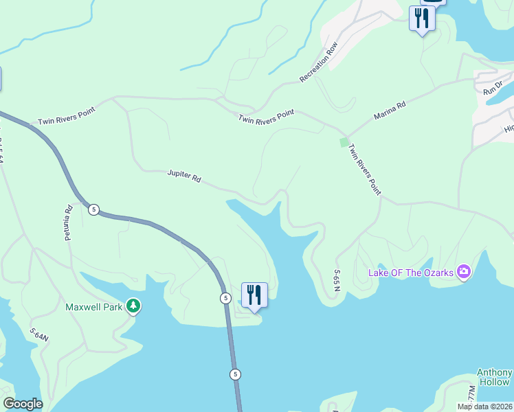 map of restaurants, bars, coffee shops, grocery stores, and more near Jupiter Road in Camdenton