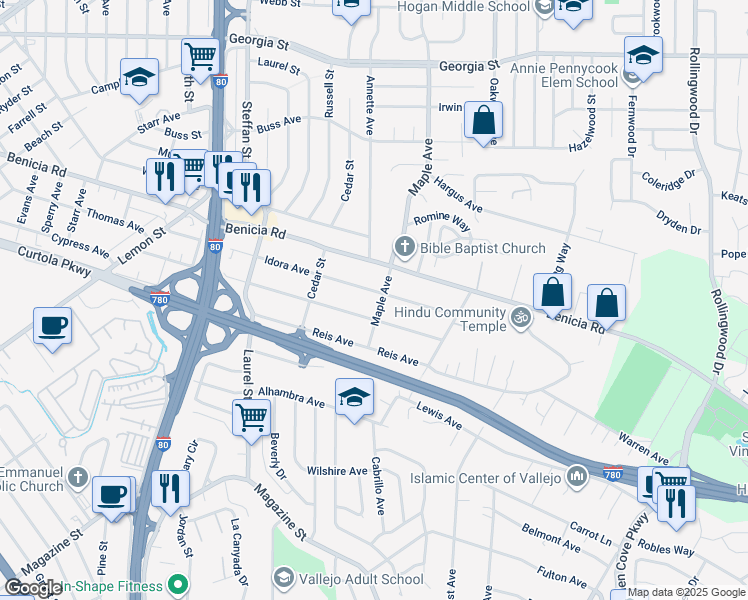 map of restaurants, bars, coffee shops, grocery stores, and more near 378 Idora Avenue in Vallejo