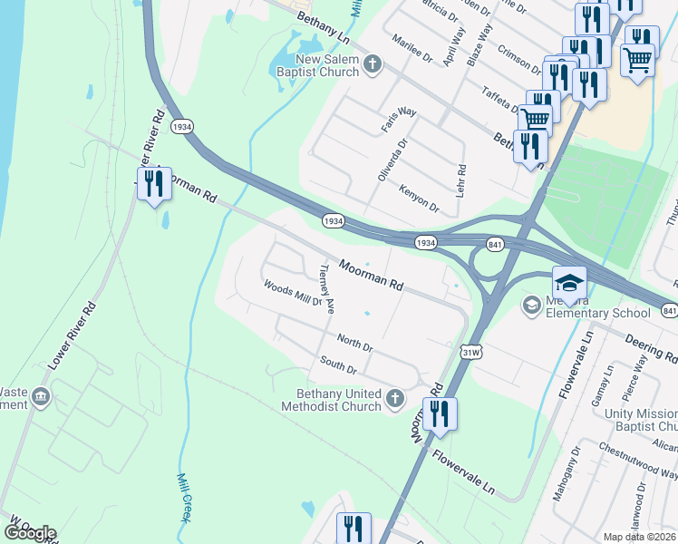 map of restaurants, bars, coffee shops, grocery stores, and more near 6501 Moorman Road in Louisville