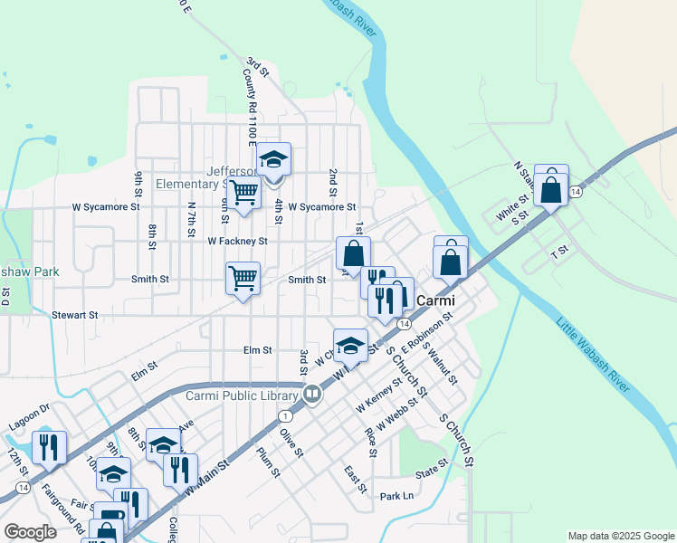 map of restaurants, bars, coffee shops, grocery stores, and more near 409 2nd Street in Carmi