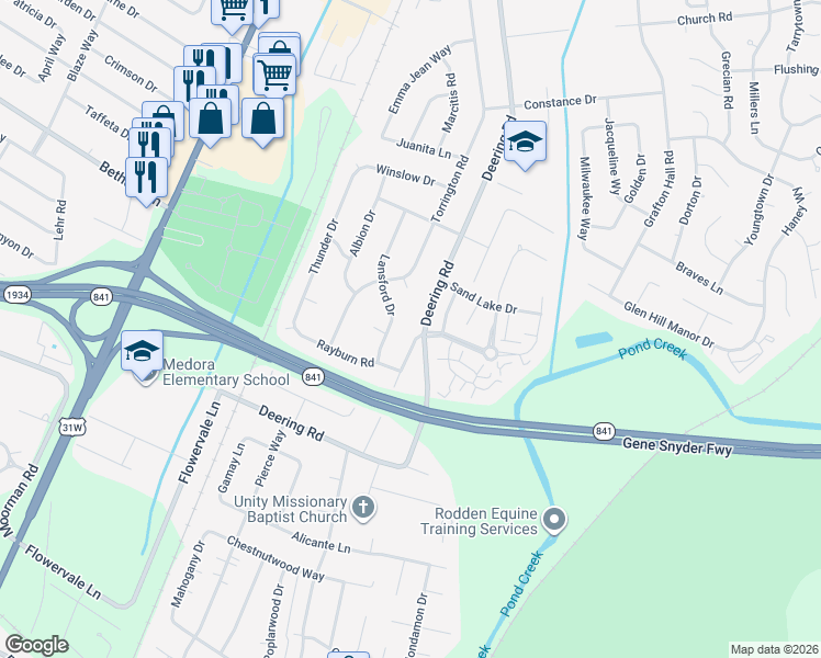 map of restaurants, bars, coffee shops, grocery stores, and more near 11210 Deering Road in Louisville