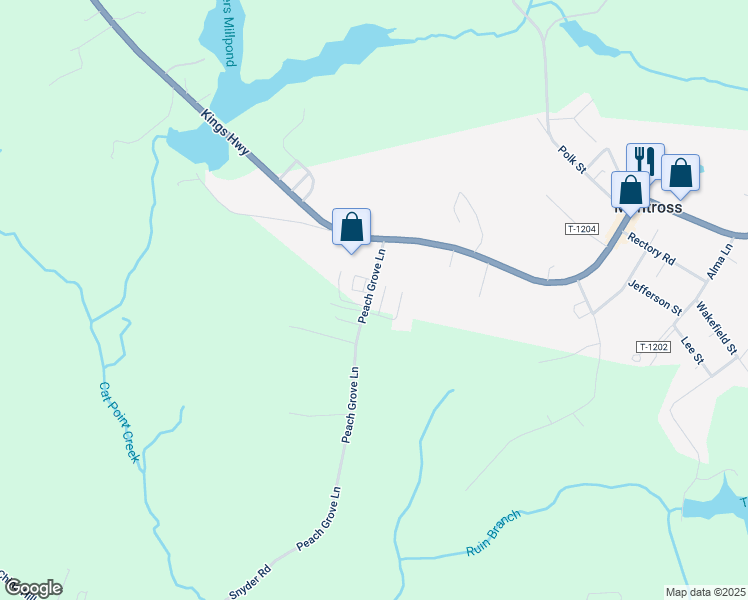 map of restaurants, bars, coffee shops, grocery stores, and more near 145 Peach Grove Lane in Montross