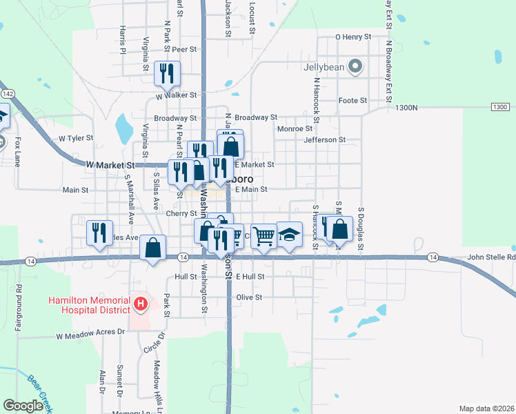 map of restaurants, bars, coffee shops, grocery stores, and more near 305 East Main Street in McLeansboro