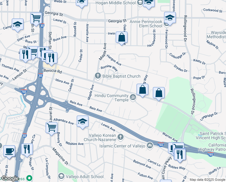 map of restaurants, bars, coffee shops, grocery stores, and more near in Vallejo