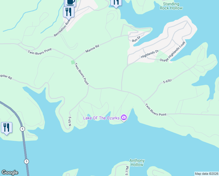 map of restaurants, bars, coffee shops, grocery stores, and more near Twin Rivers Point in Camdenton