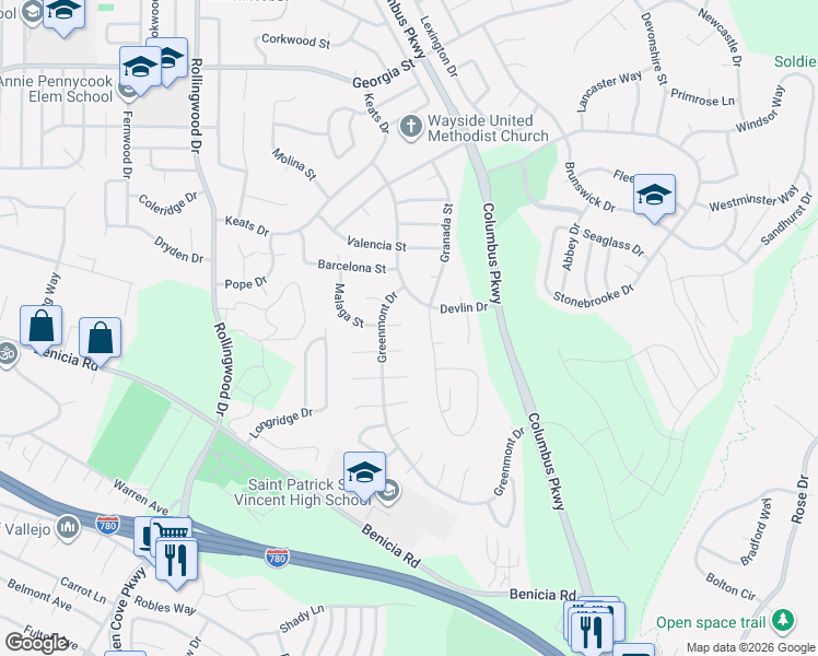 map of restaurants, bars, coffee shops, grocery stores, and more near 1387 Granada Street in Vallejo