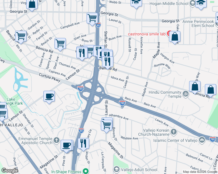 map of restaurants, bars, coffee shops, grocery stores, and more near 220 Woodrow Avenue in Vallejo
