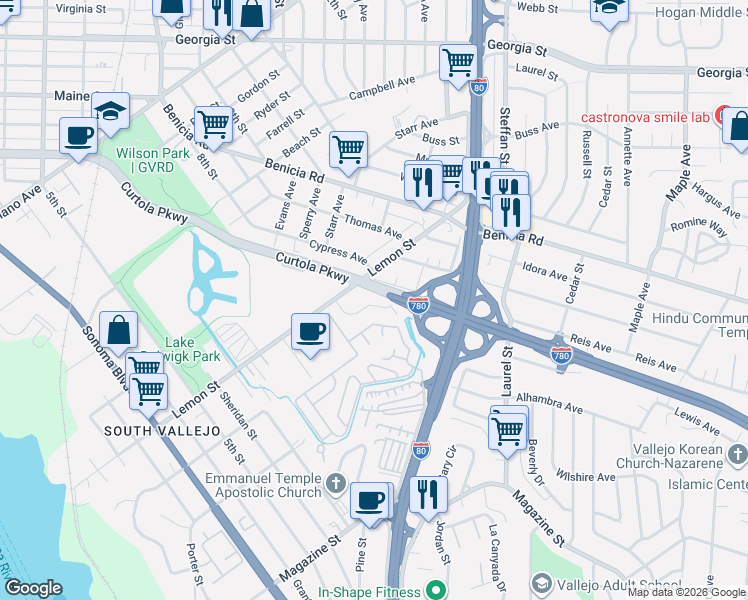 map of restaurants, bars, coffee shops, grocery stores, and more near 20 Reis Avenue in Vallejo
