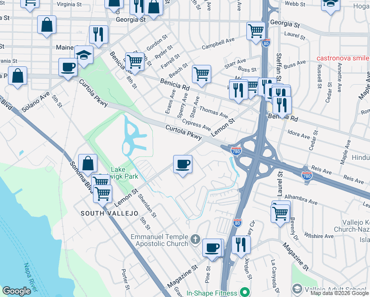 map of restaurants, bars, coffee shops, grocery stores, and more near 1434 Lemon Street in Vallejo