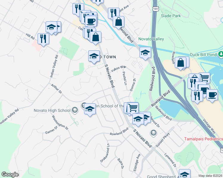 map of restaurants, bars, coffee shops, grocery stores, and more near 1461 Novato Boulevard in Novato