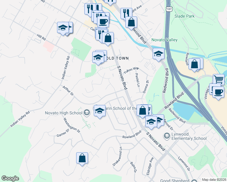 map of restaurants, bars, coffee shops, grocery stores, and more near 1455 Cambridge Street in Novato