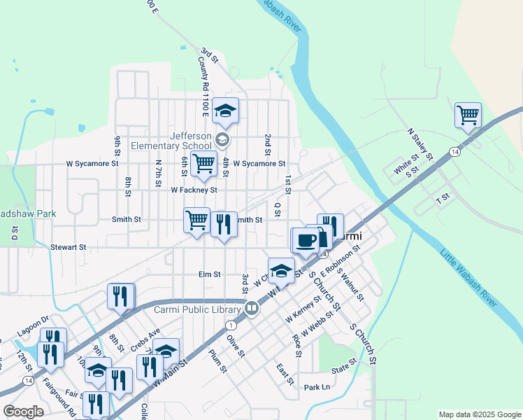 map of restaurants, bars, coffee shops, grocery stores, and more near 409 2nd Street in Carmi