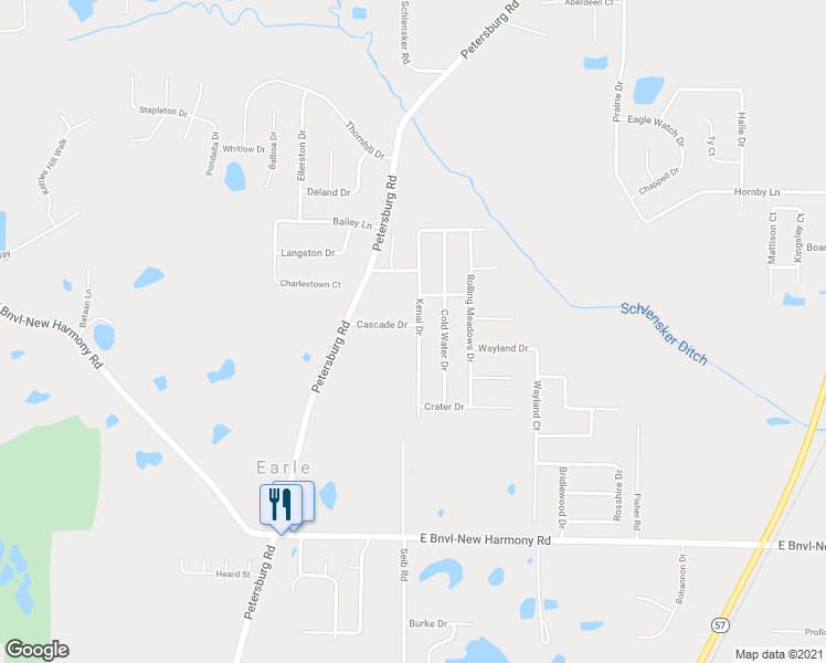 map of restaurants, bars, coffee shops, grocery stores, and more near 12600 Kenai Drive in Evansville