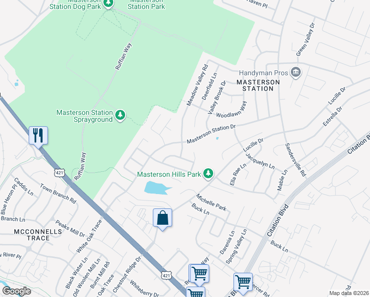 map of restaurants, bars, coffee shops, grocery stores, and more near 264 Masterson Station Drive in Lexington