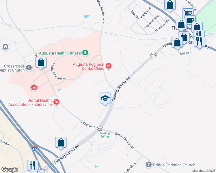map of restaurants, bars, coffee shops, grocery stores, and more near 359 Tinkling Spring Road in Fishersville