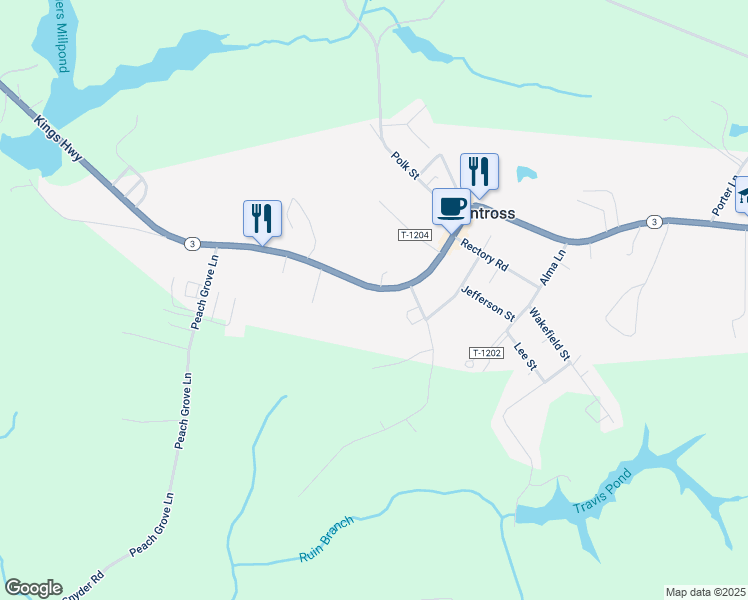 map of restaurants, bars, coffee shops, grocery stores, and more near 15498 Kings Highway in Montross