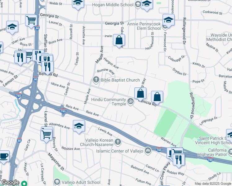 map of restaurants, bars, coffee shops, grocery stores, and more near 404 Hays Lane in Vallejo