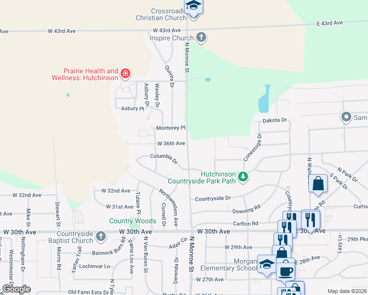 map of restaurants, bars, coffee shops, grocery stores, and more near 501-503 West 36th Avenue in Hutchinson