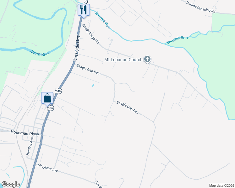 map of restaurants, bars, coffee shops, grocery stores, and more near 3 Whippoorwill Way in Waynesboro